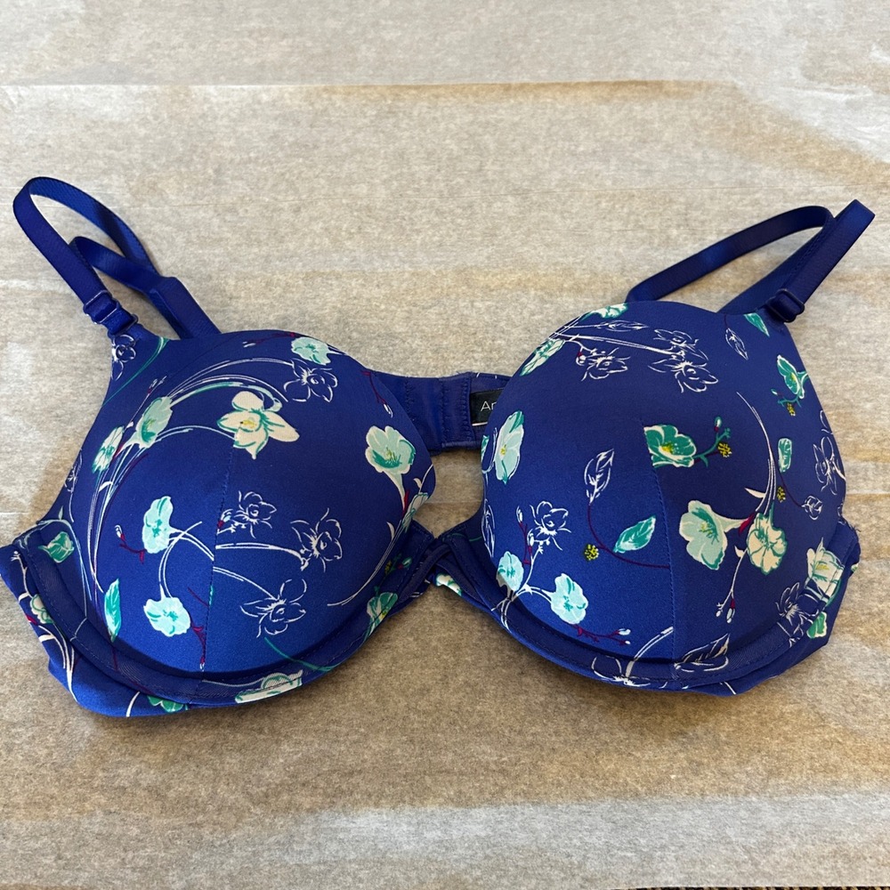 Ambrielle Plunge Pushup Bra Women 36B Blue Floral Excellent Padded Underwire